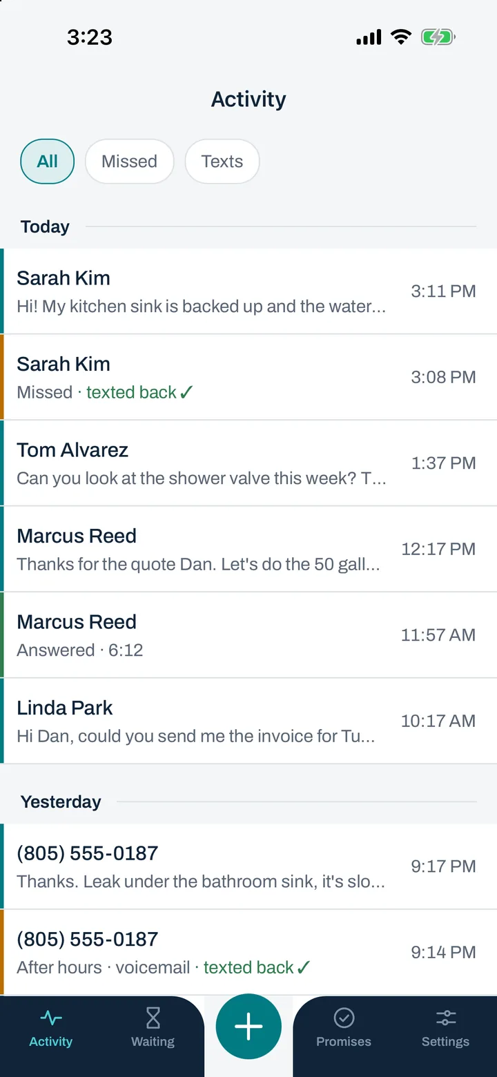 The Activity screen: the day’s calls, texts and text-backs in one list