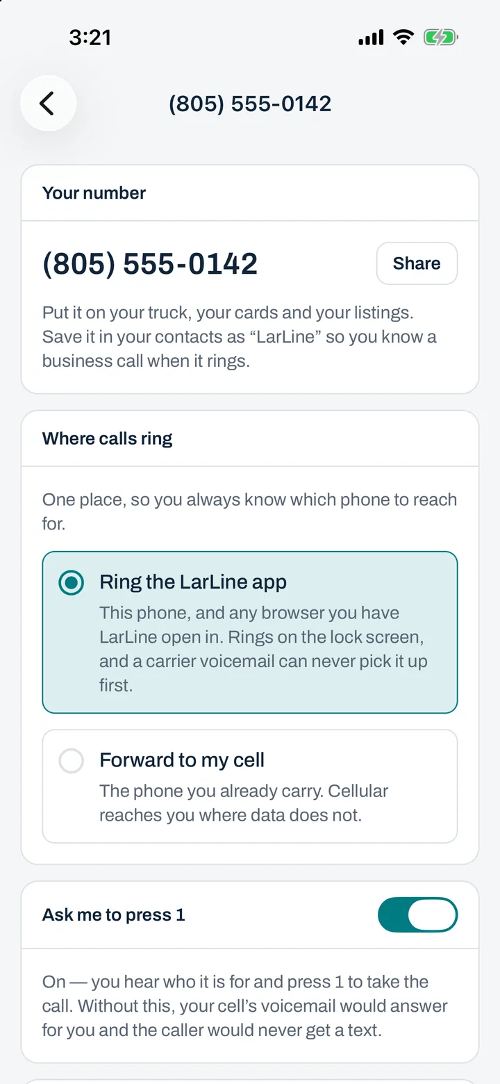 Number settings: calls ring the app, or your cell with press-1 screening