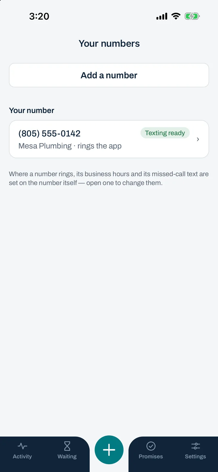 The Numbers screen: your business number