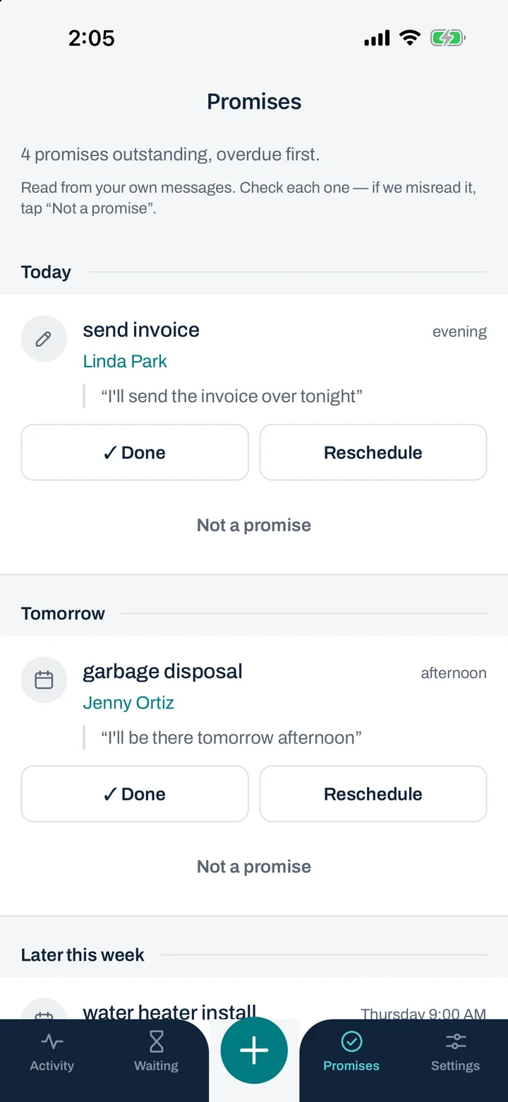 The Promises screen: bookings and things you said you would do