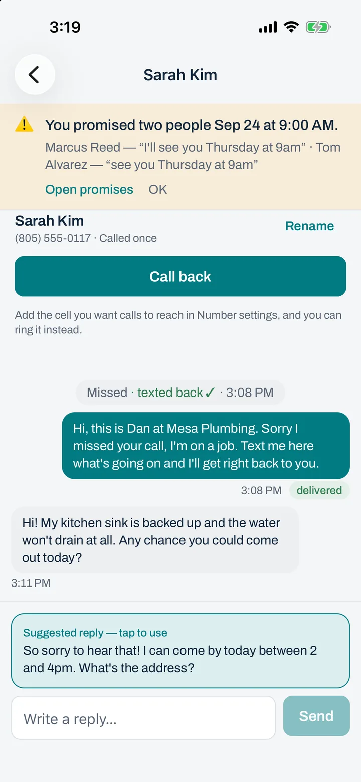 A thread: a missed call, the text-back sent for you, and the customer asking for a time